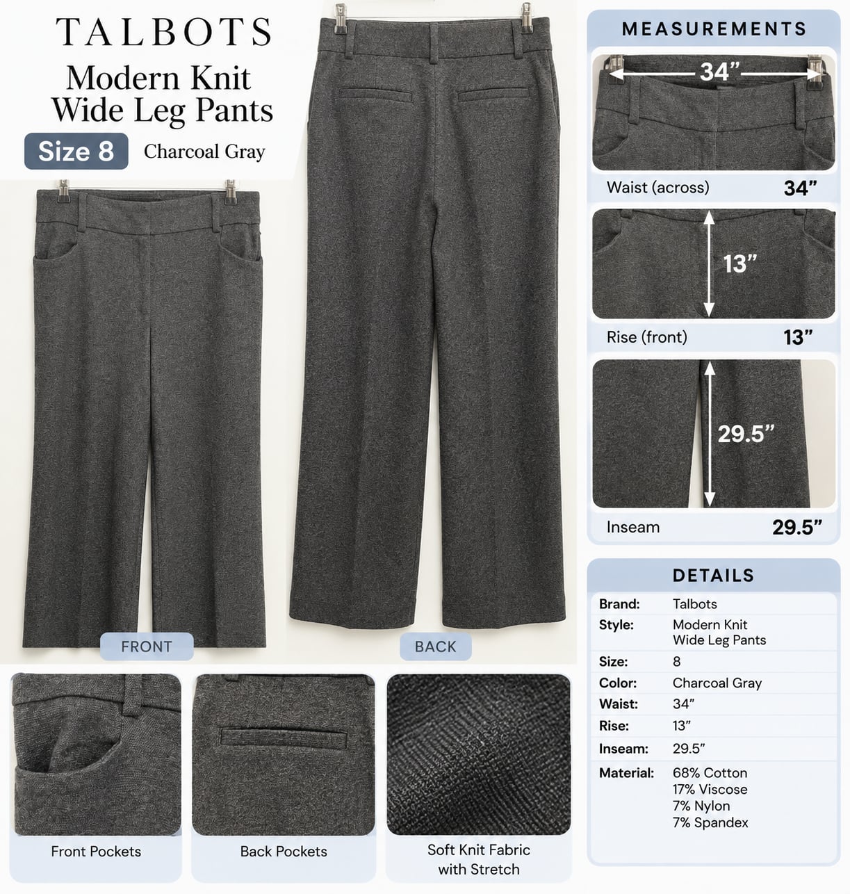 Talbots Modern Knit Wide Leg Pants Womens 8 Charcoal Gray Stretch Trouser 7