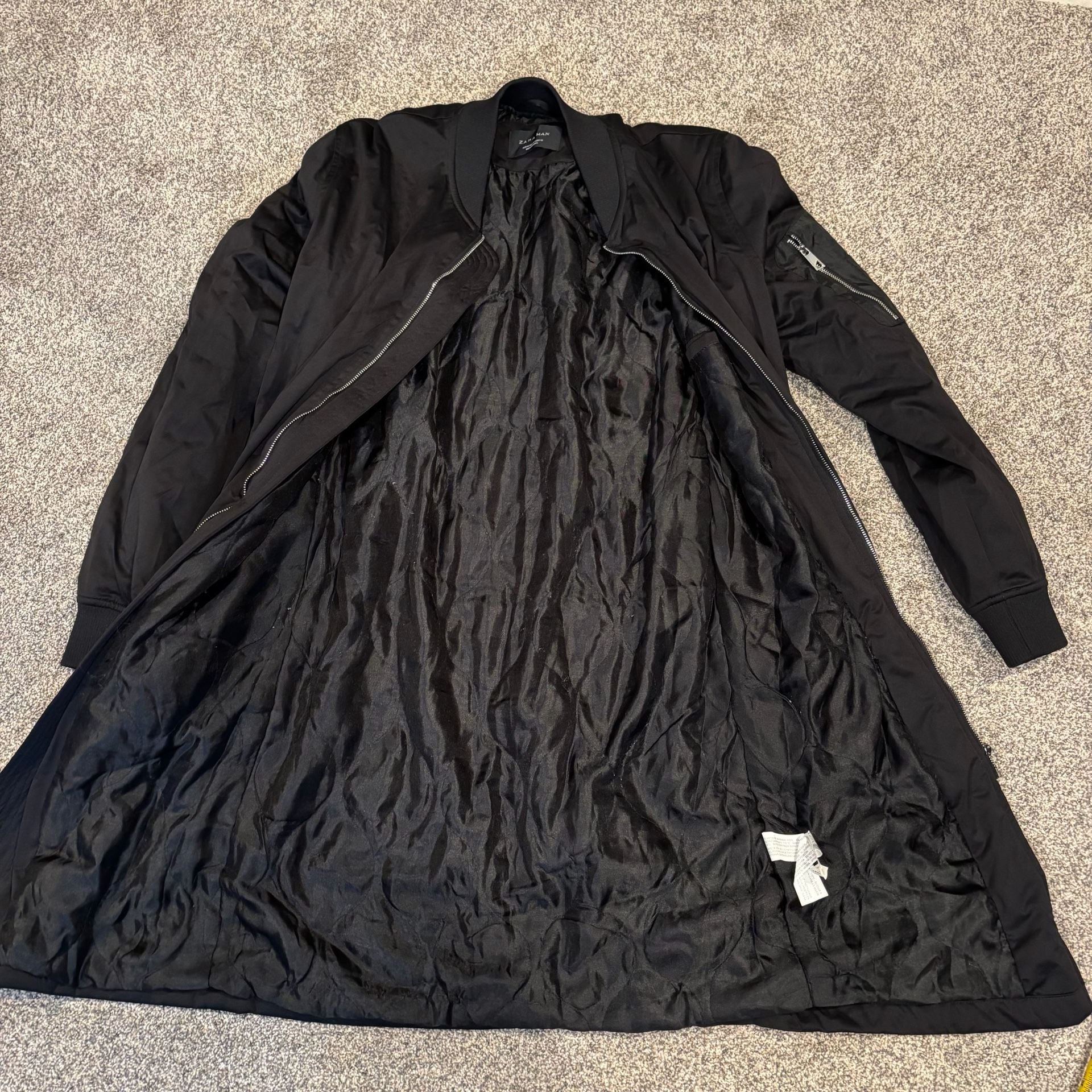 Zara Man Long Bomber Trench Jacket Black Size Medium 6