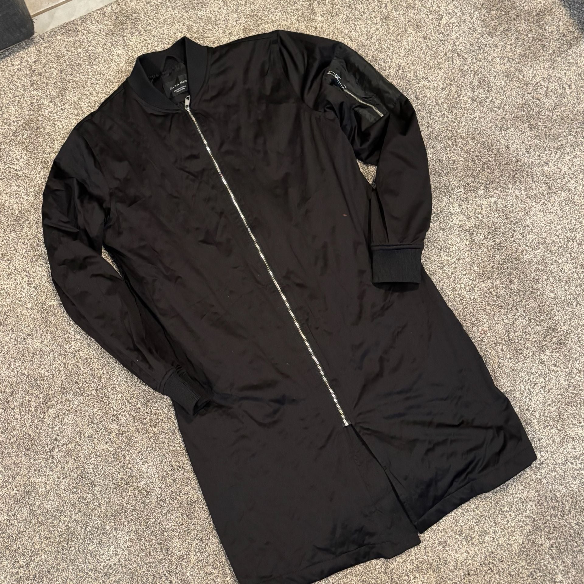 Zara Man Long Bomber Trench Jacket Black Size Medium 12