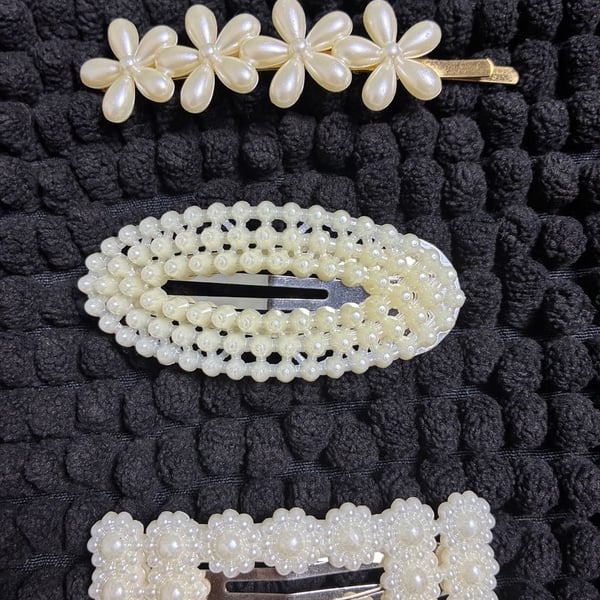 Unbranded Faux Pearl Hair Clip Set of 3 White Floral Barrette