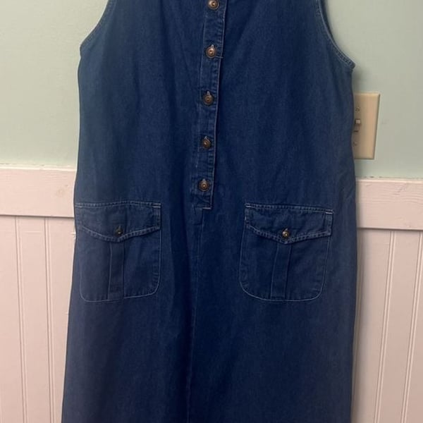 90s vintage Denim Maxi Dress 100% cotton Button Front Sleeveless Jumper size 12
