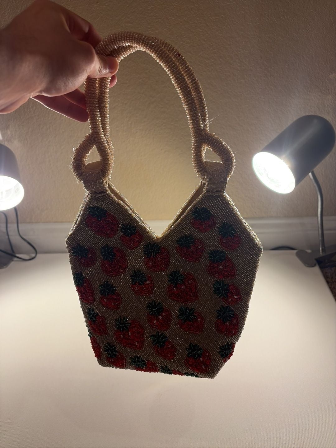 Beaded Strawberry Handbag Gold Glass Beads Strawberry Pattern 4
