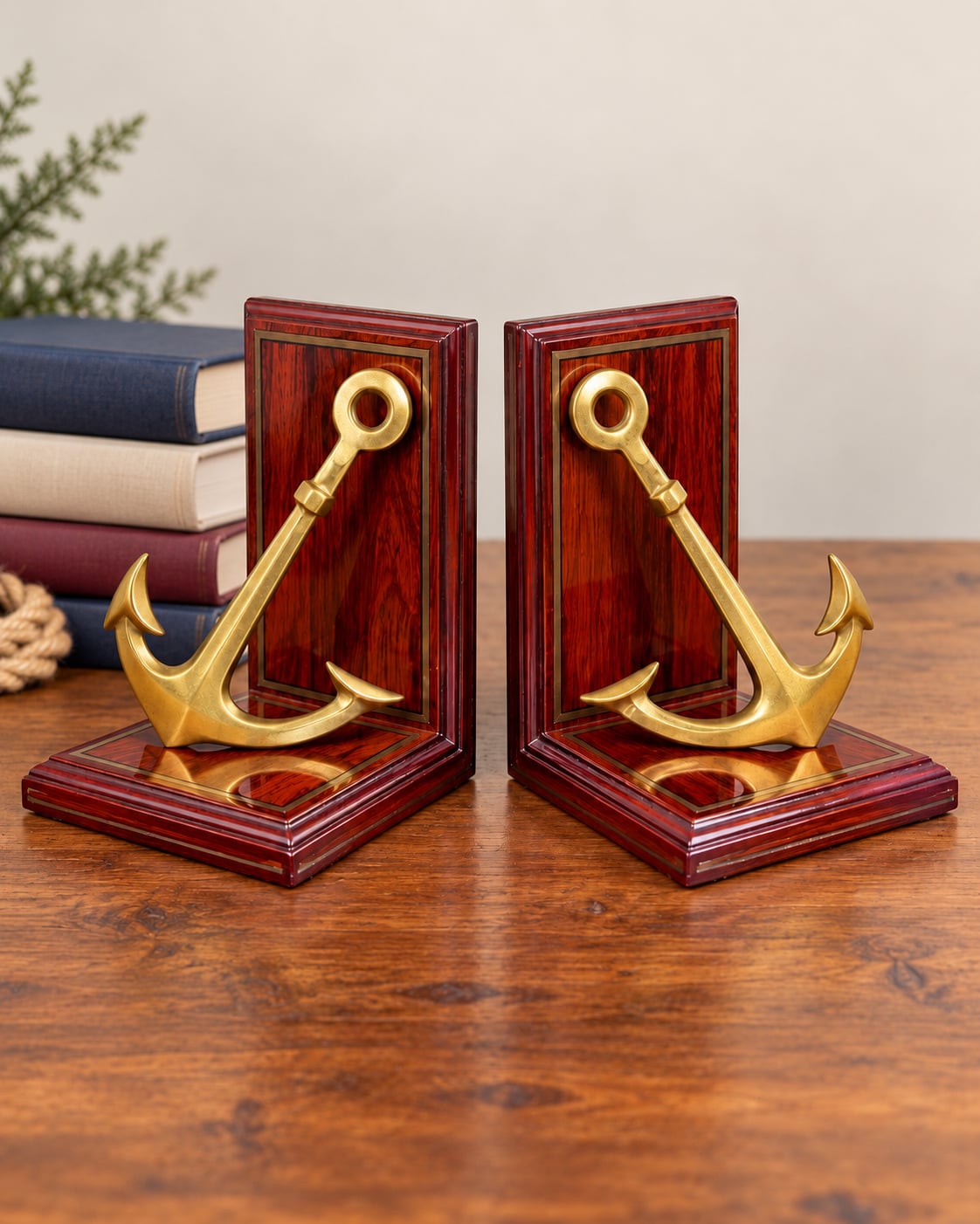 Gatco Solid Brass Wood Ship Anchor Bookends Pair Nautical Coastal Korea Vtg 1