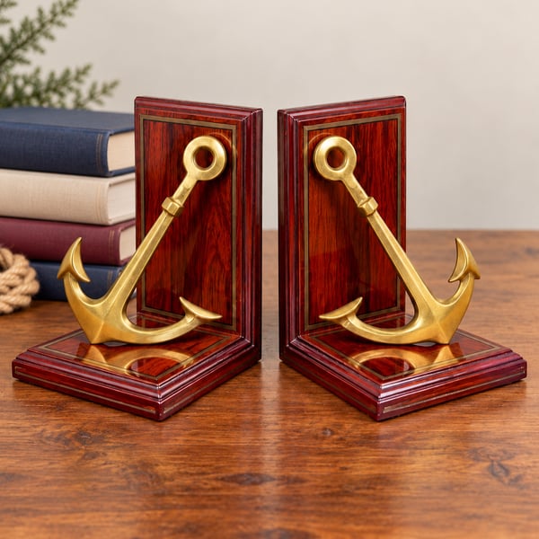 Gatco Solid Brass Wood Ship Anchor Bookends Pair Nautical Coastal Korea Vtg
