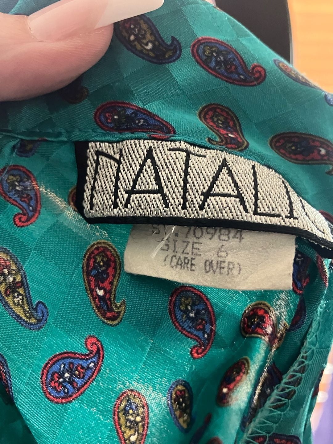 Natali Blouse Size 6 Teal Checkered Paisley Mock Neck Vintage 5