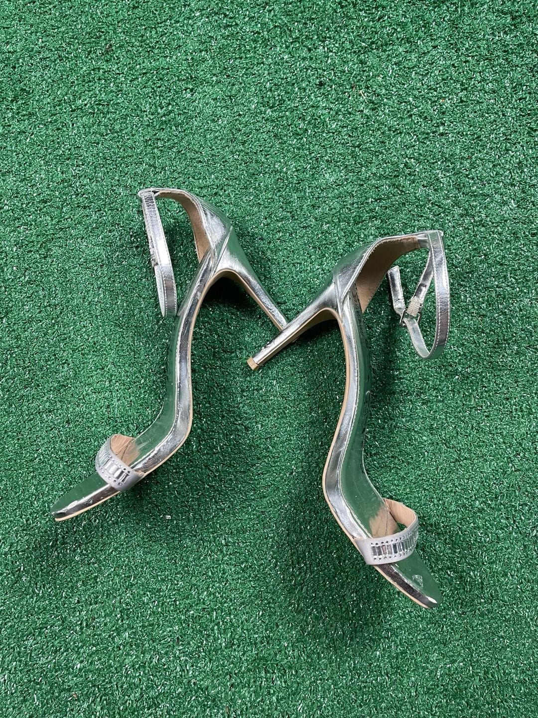Brash Heeled Sandals Size 9.5W Silver Rhinestone Ankle Strap Stilettos 3