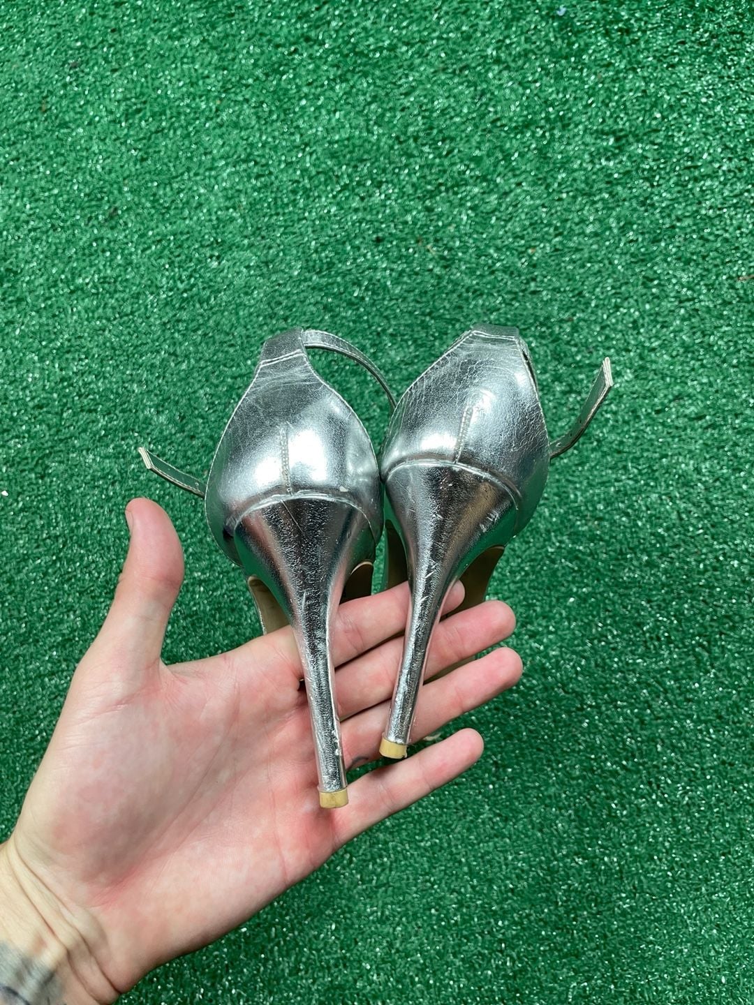 Brash Heeled Sandals Size 9.5W Silver Rhinestone Ankle Strap Stilettos 6