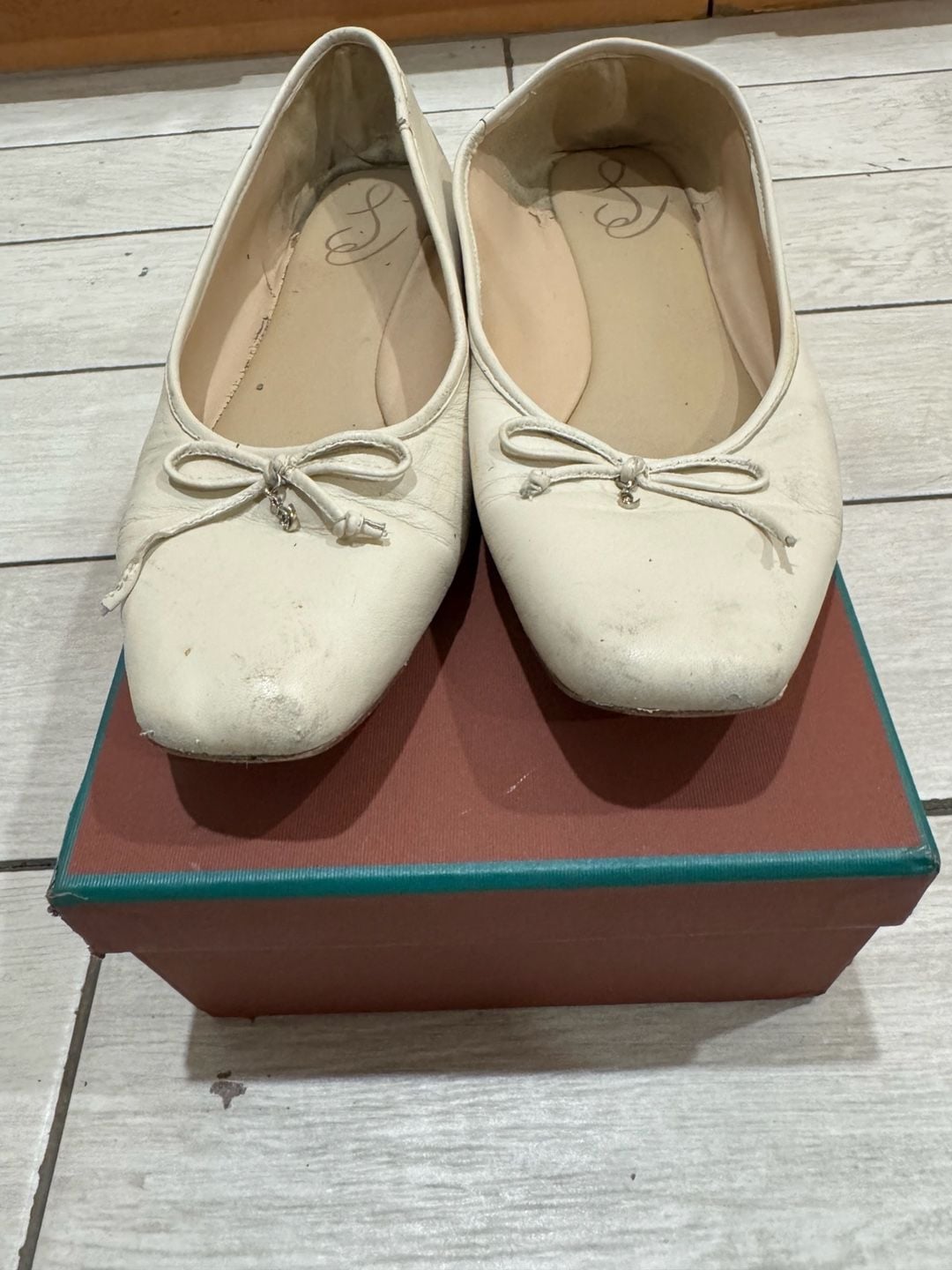 Sam Edelman Ballet Flats Size 10.5 White Leather Bow Square Toe 3