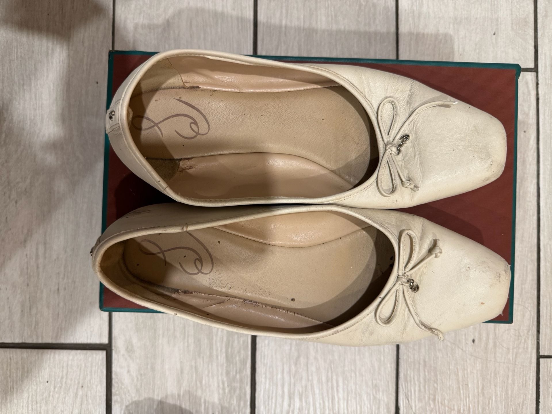 Sam Edelman Ballet Flats Size 10.5 White Leather Bow Square Toe 2
