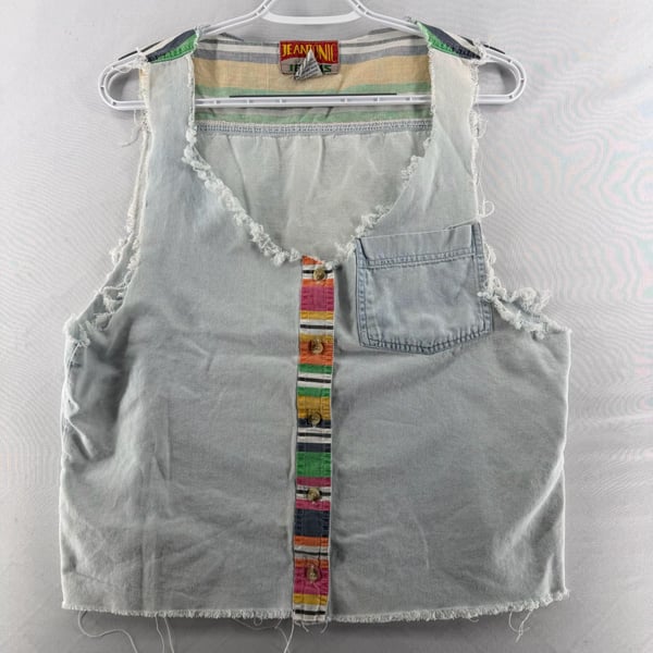 1550 Vintage Jeantonic Jeans Vest Size S Light Wash Denim Striped