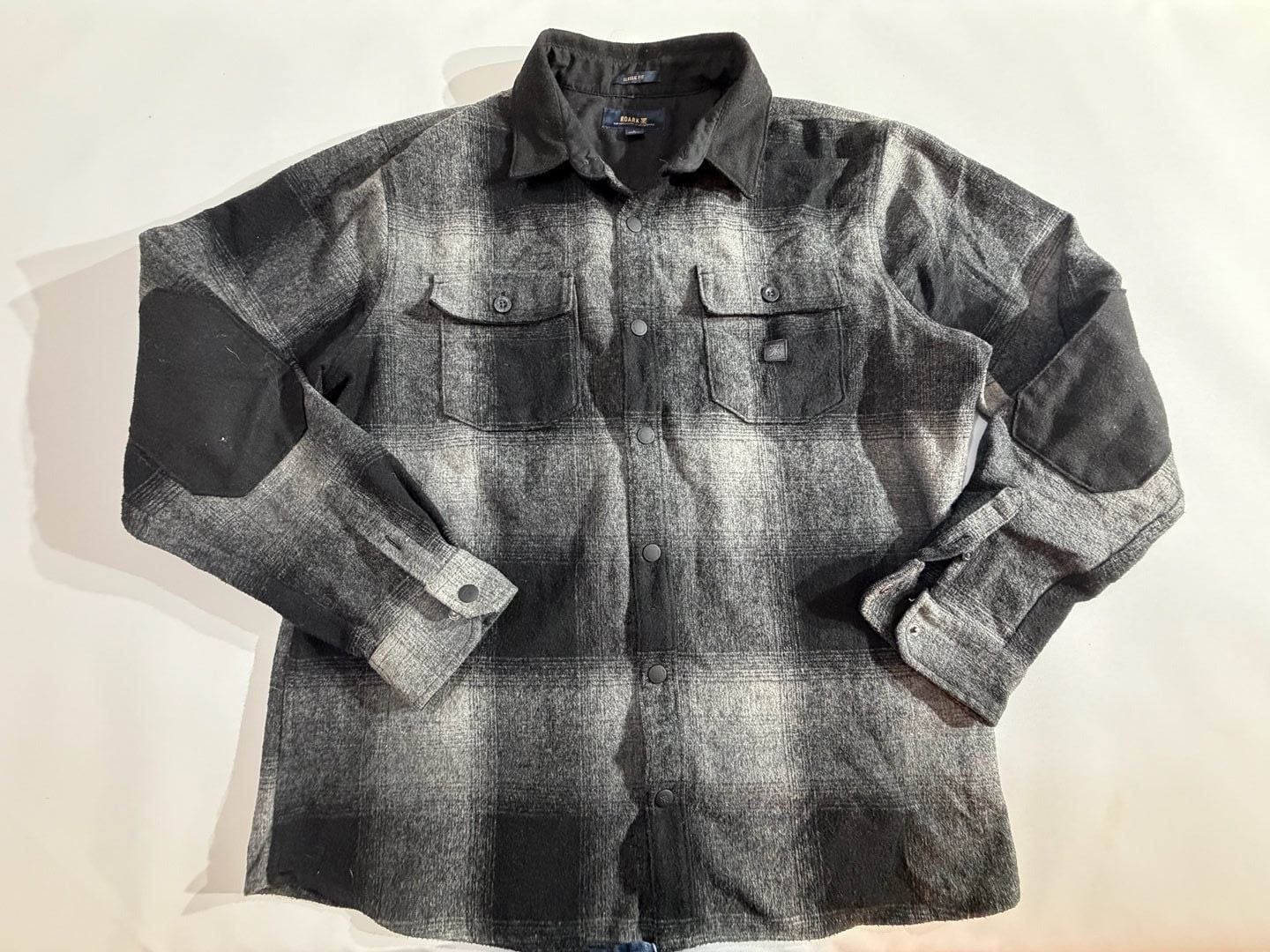 Roark Plaid Flannel Elbow Patch Shirt Jacket Grey Large L 2