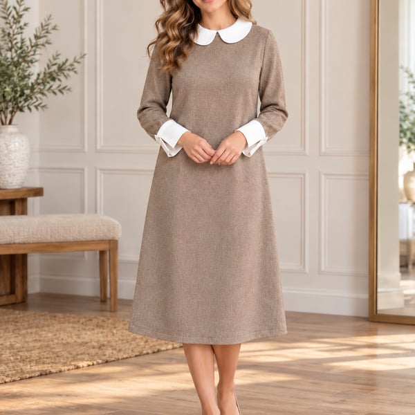 Sweet Salt Wednesday Dress Tan Tweed Peter Pan Collar Wool Blend M