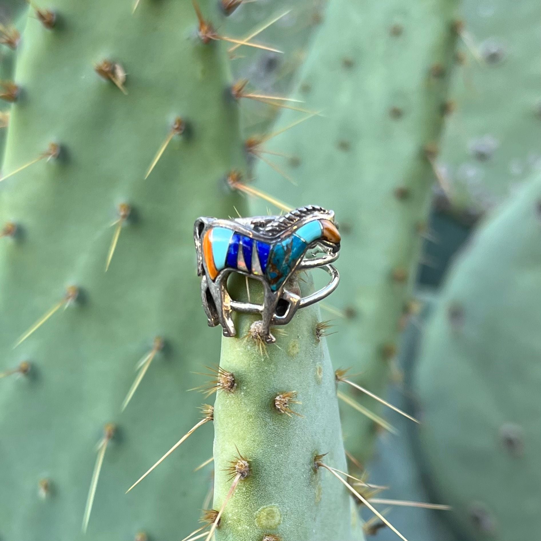 Vintage Southwestern Sterling Silver Multigem Inlay Horse Ring 5.5 2