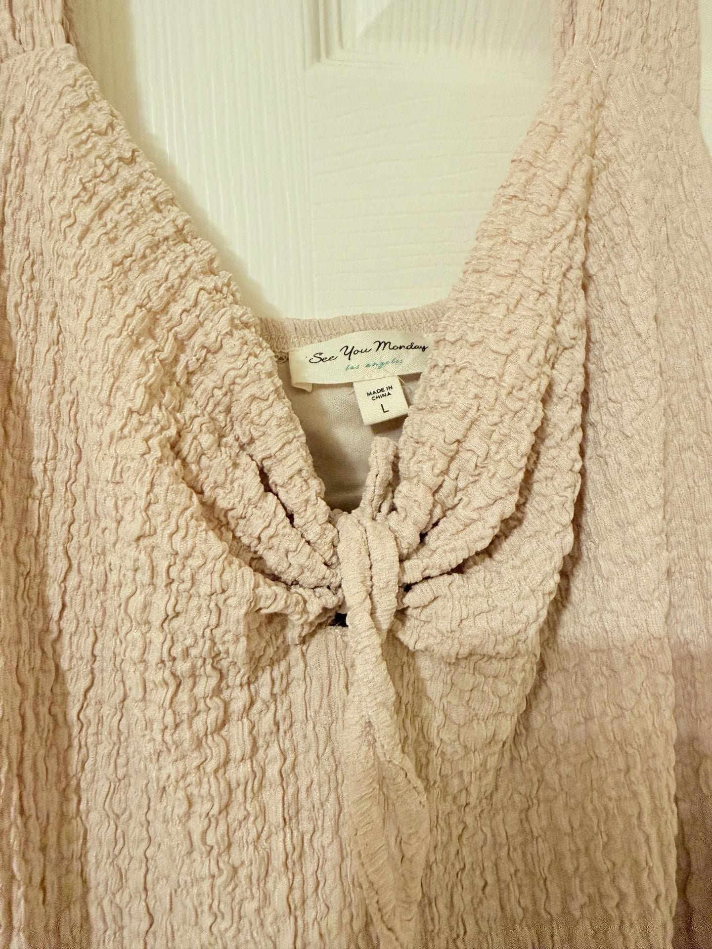 See You Monday Maxi Dress Size L Pink Crinkle Tie Front 2