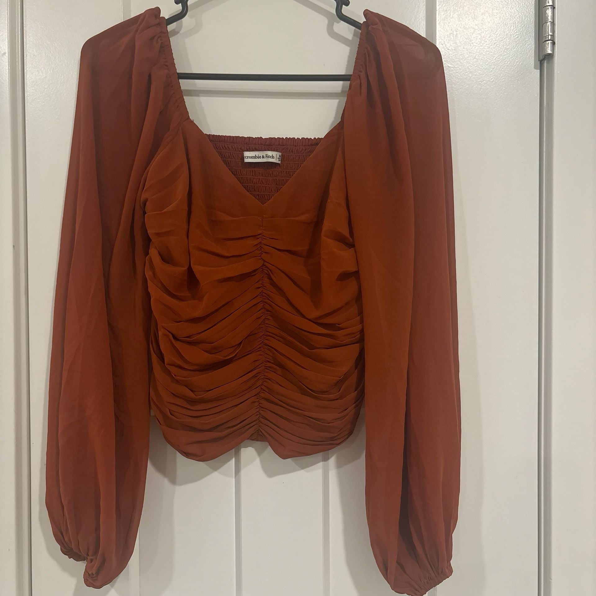 Abercrombie & Fitch Y2K Boho Rust Ruched Top Med Sheer Balloon Sleeve Romantic 2