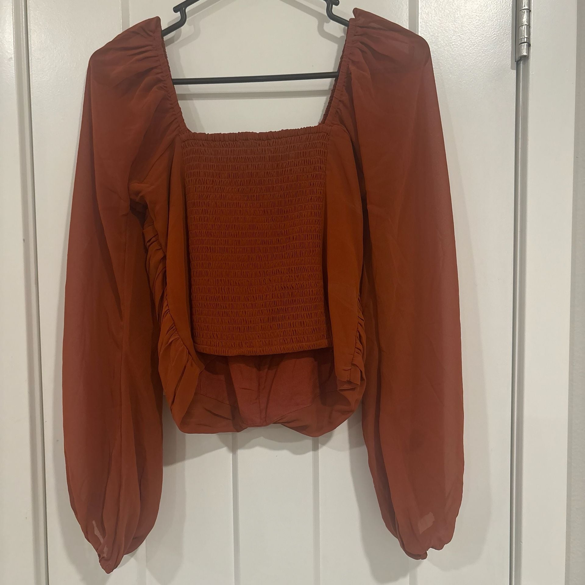 Abercrombie & Fitch Y2K Boho Rust Ruched Top Med Sheer Balloon Sleeve Romantic 5