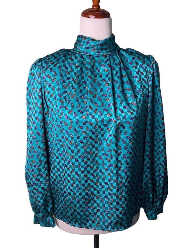 Natali Blouse Size 6 Teal Checkered Paisley Mock Neck Vintage 2