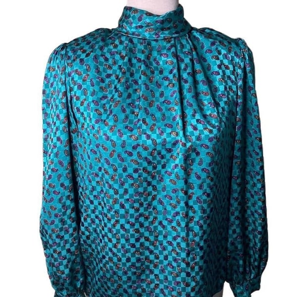 Natali Blouse Size 6 Teal Checkered Paisley Mock Neck Vintage