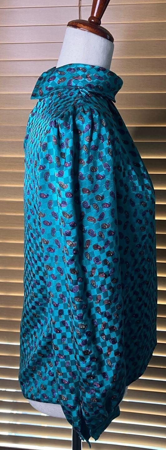 Natali Blouse Size 6 Teal Checkered Paisley Mock Neck Vintage 3