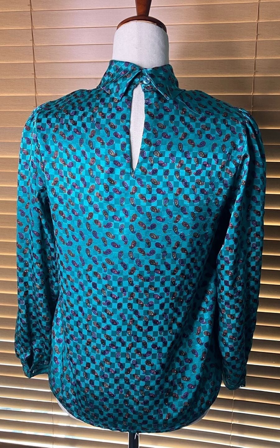 Natali Blouse Size 6 Teal Checkered Paisley Mock Neck Vintage 4