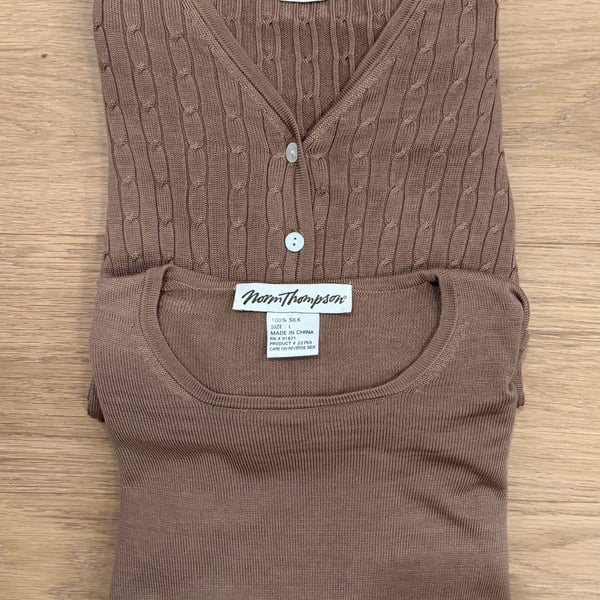 Preppy Classy Norm Thompson Silk Sweater Set Size L Brown Cable Knit Cardigan Top