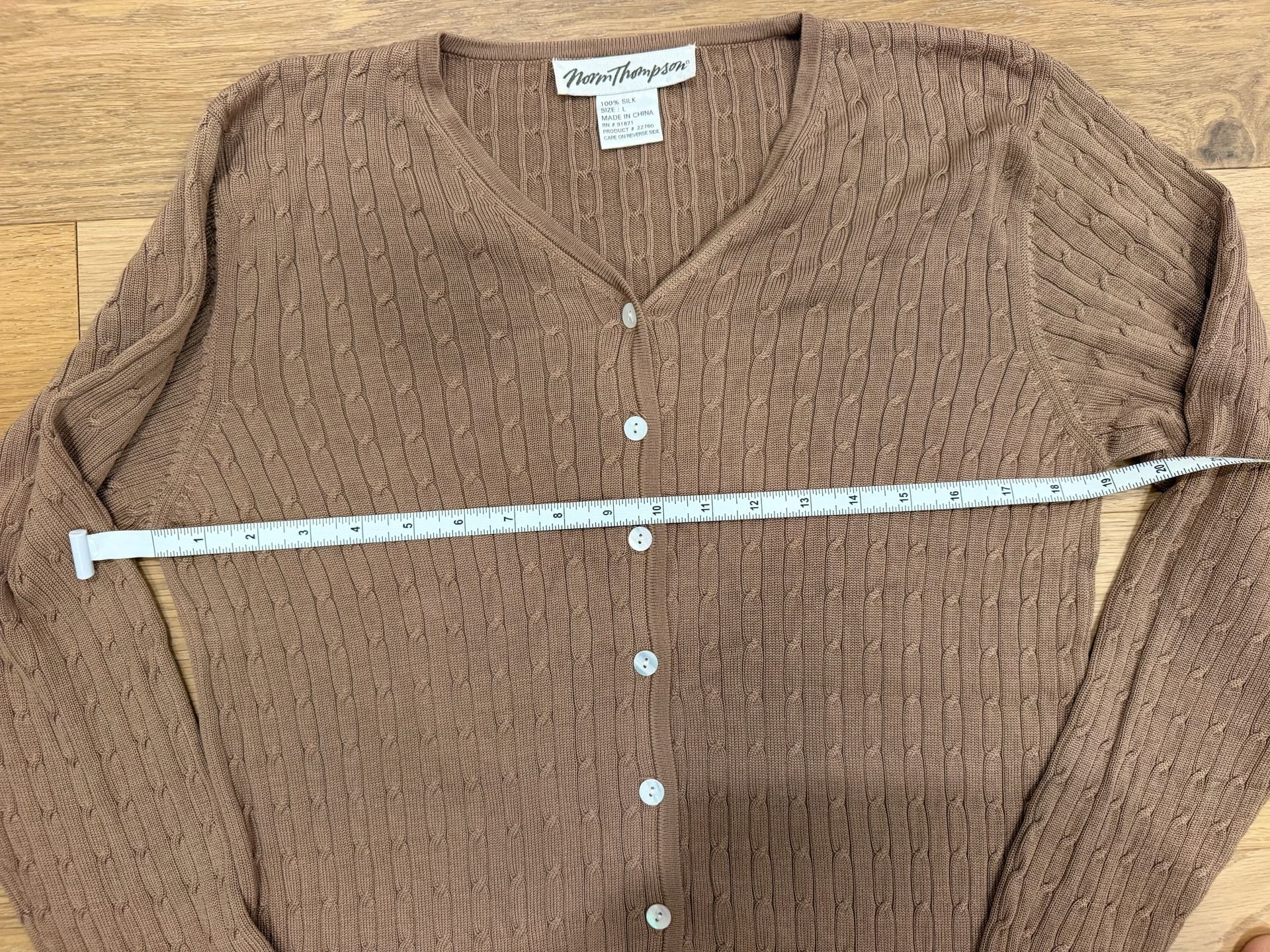 Preppy Classy Norm Thompson Silk Sweater Set Size L Brown Cable Knit Cardigan Top 10