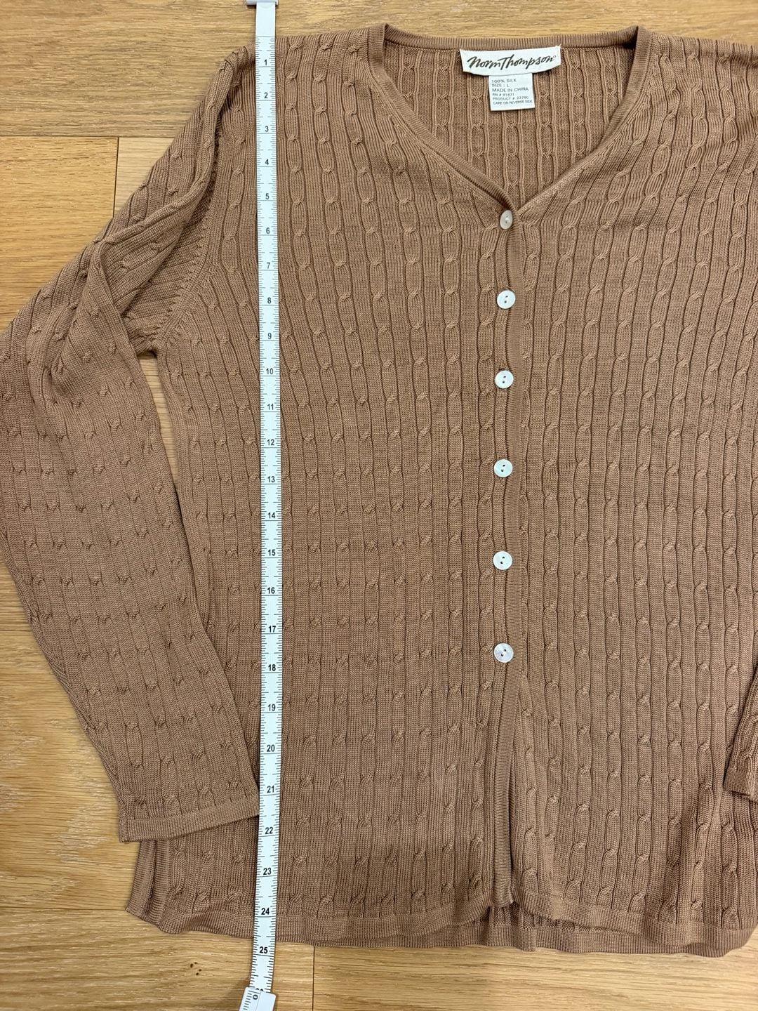 Preppy Classy Norm Thompson Silk Sweater Set Size L Brown Cable Knit Cardigan Top 12