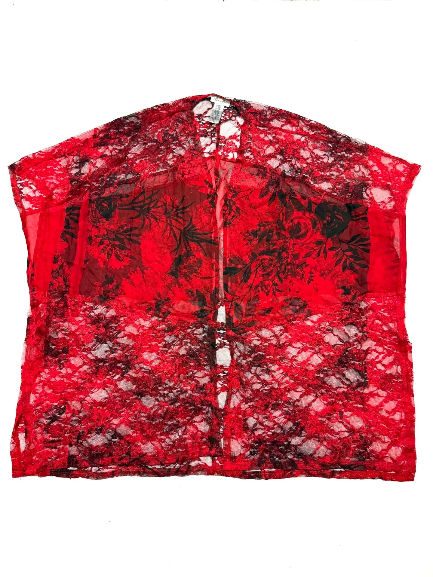Brittany Black Women's XL Whimsigoth Witchy Coquette Cottage-Glam Romantic Goth Festival Red Black Floral Lace Chiffon Sheer Kimono Duster Open Front Cardigan Cover Up 2