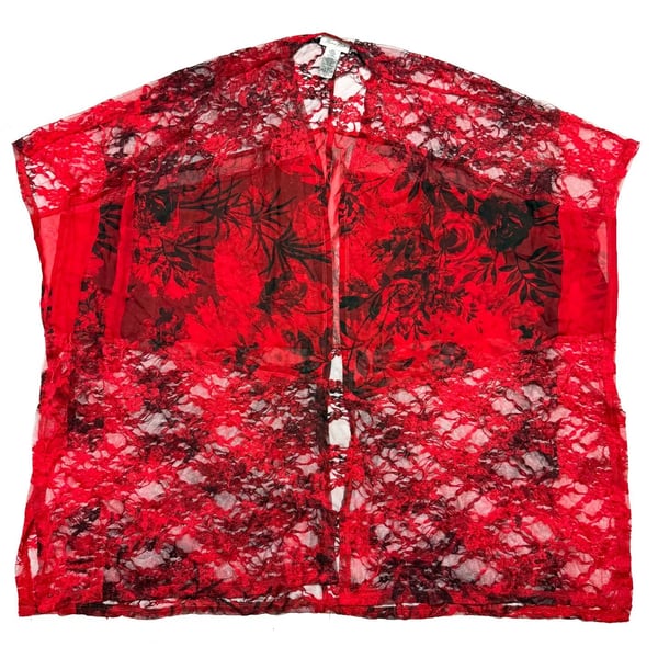 Brittany Black Women's XL Whimsigoth Witchy Coquette Cottage-Glam Romantic Goth Festival Red Black Floral Lace Chiffon Sheer Kimono Duster Open Front Cardigan Cover Up