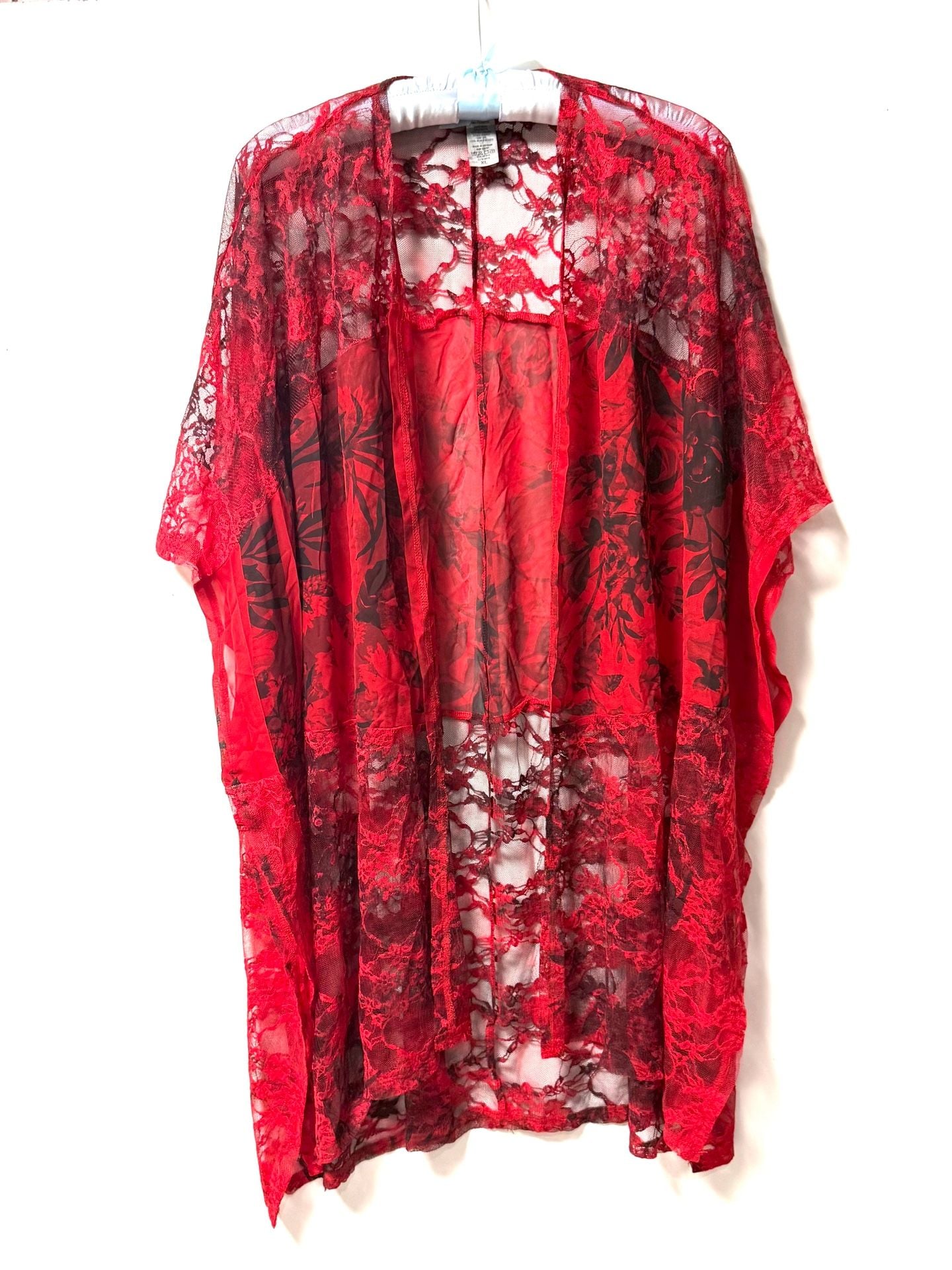 Brittany Black Women's XL Whimsigoth Witchy Coquette Cottage-Glam Romantic Goth Festival Red Black Floral Lace Chiffon Sheer Kimono Duster Open Front Cardigan Cover Up 6