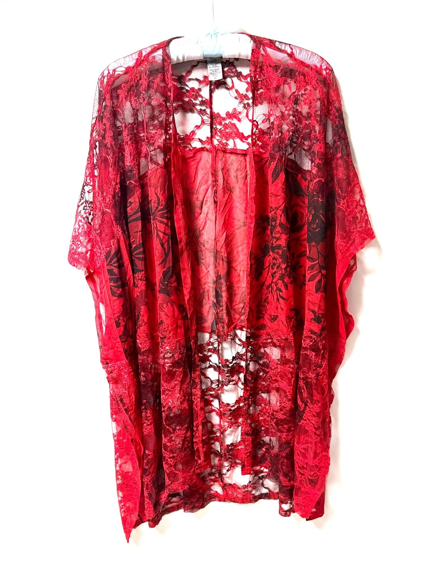 Brittany Black Women's XL Whimsigoth Witchy Coquette Cottage-Glam Romantic Goth Festival Red Black Floral Lace Chiffon Sheer Kimono Duster Open Front Cardigan Cover Up 7