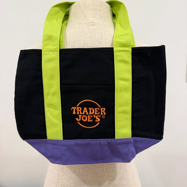 Trader Joe's Trick Or Treat Canvas Tote Bag Black Purple Green