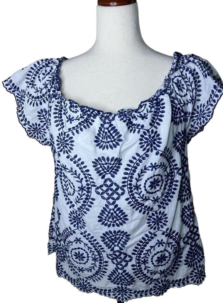 Adiva Embroidered Blouse Size XL White Blue Square Neck Short Sleeve Top 2