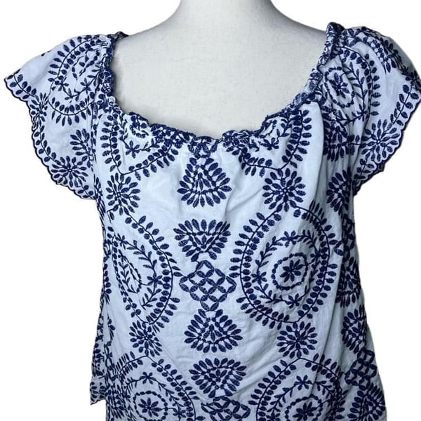 Adiva Embroidered Blouse Size XL White Blue Square Neck Short Sleeve Top