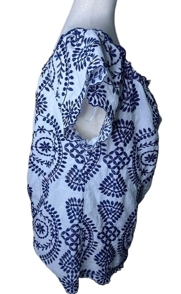 Adiva Embroidered Blouse Size XL White Blue Square Neck Short Sleeve Top 3