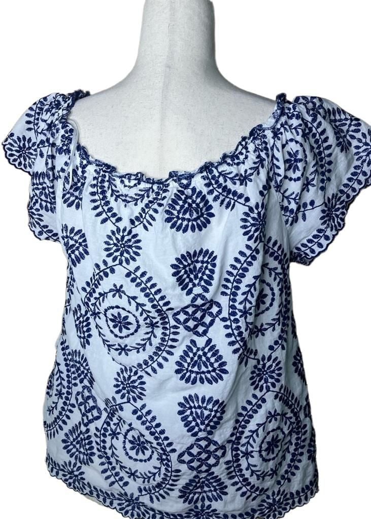 Adiva Embroidered Blouse Size XL White Blue Square Neck Short Sleeve Top 4