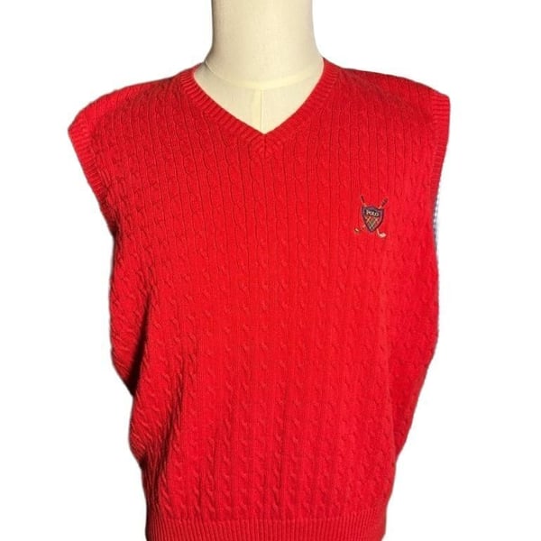 Polo Golf Ralph Lauren Sweater Vest Size L Red Cable Knit Crest V-Neck h1581