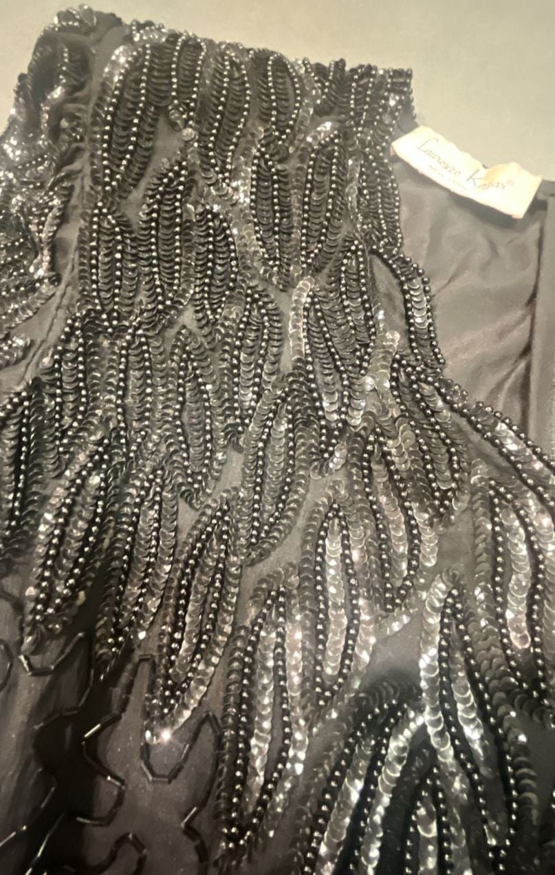 Laurence Kazar Beaded Cocktail Dress Size M Black Silk 8
