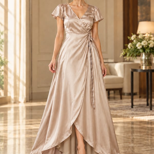 Baltic Born Krystal Satin Wrap Gown Champagne Maxi Dress Flutter Sleeve M
