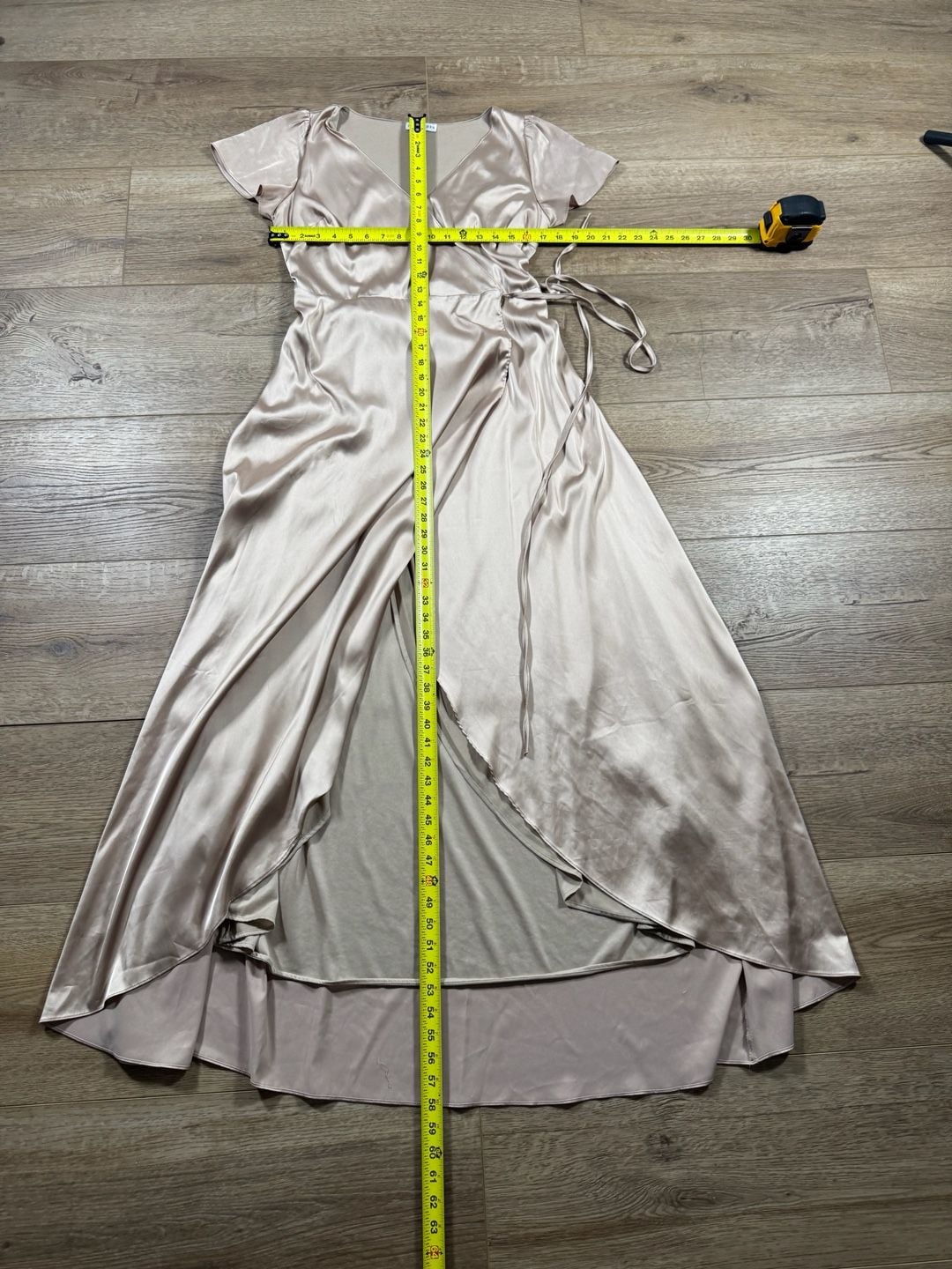 Baltic Born Krystal Satin Wrap Gown Champagne Maxi Dress Flutter Sleeve M 8