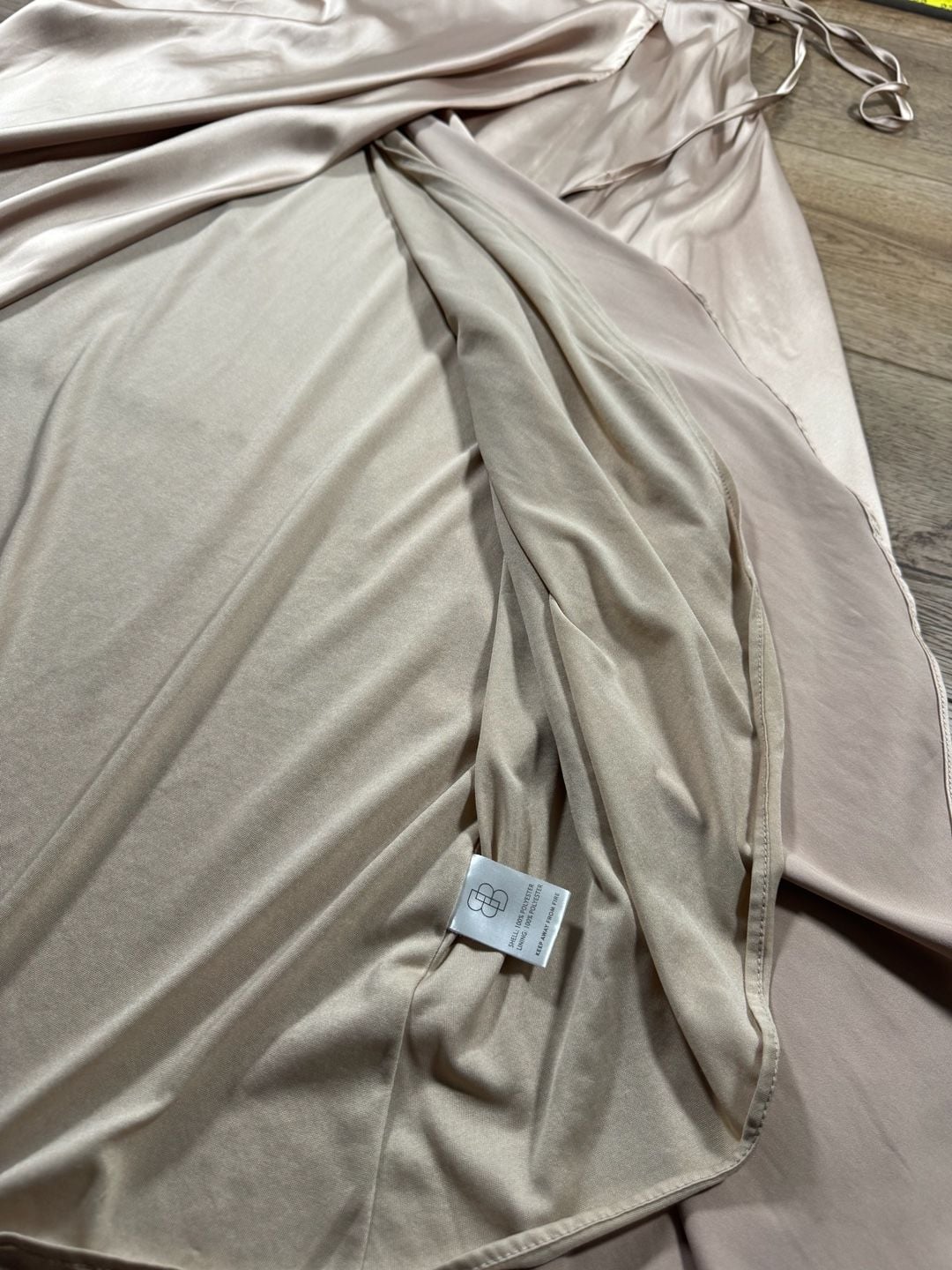 Baltic Born Krystal Satin Wrap Gown Champagne Maxi Dress Flutter Sleeve M 10