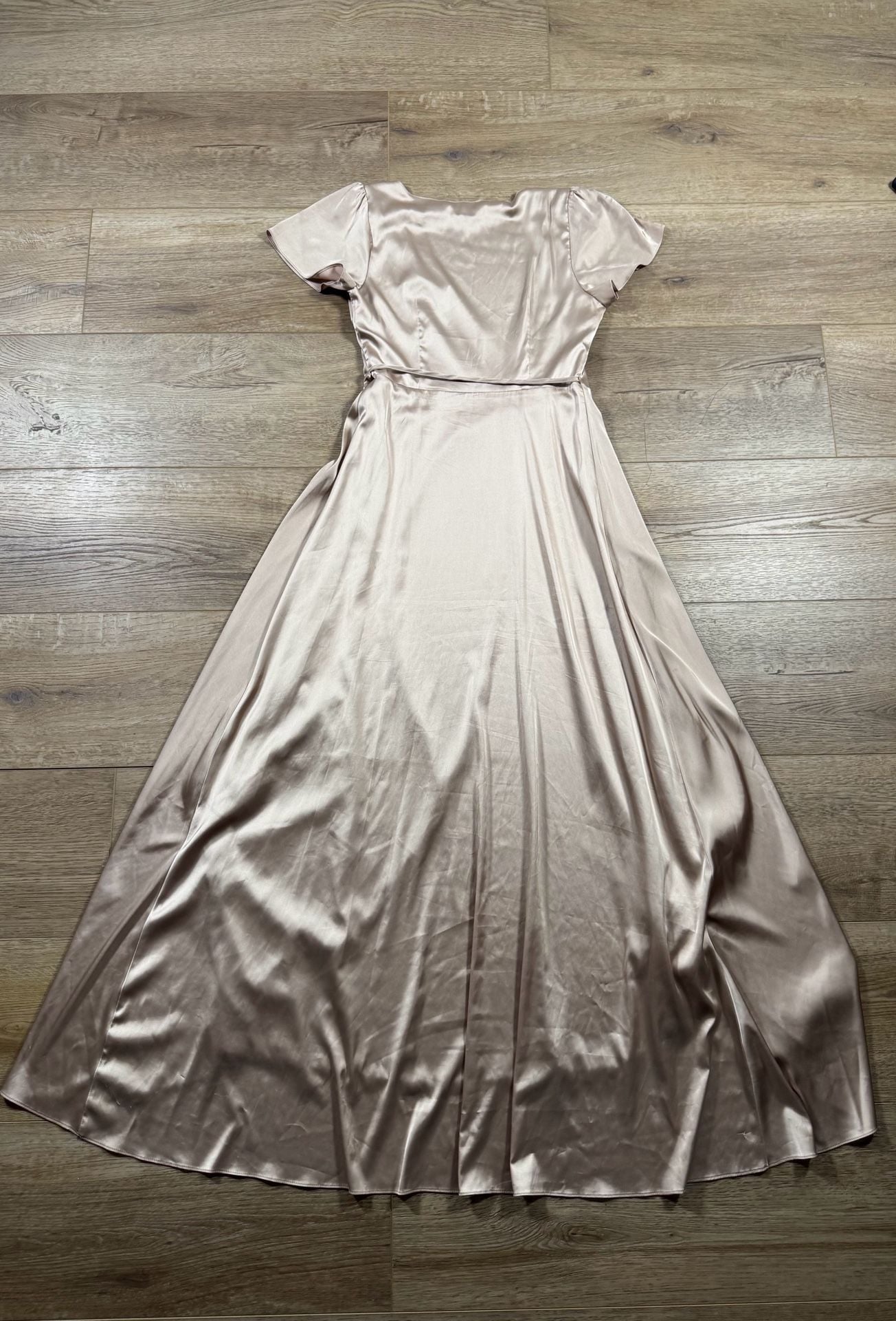 Baltic Born Krystal Satin Wrap Gown Champagne Maxi Dress Flutter Sleeve M 11