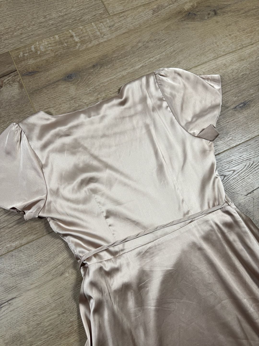 Baltic Born Krystal Satin Wrap Gown Champagne Maxi Dress Flutter Sleeve M 12