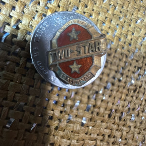 B.B. Co. Vintage Two Star Salesman Award Pin Sterling Silver Red Enamel