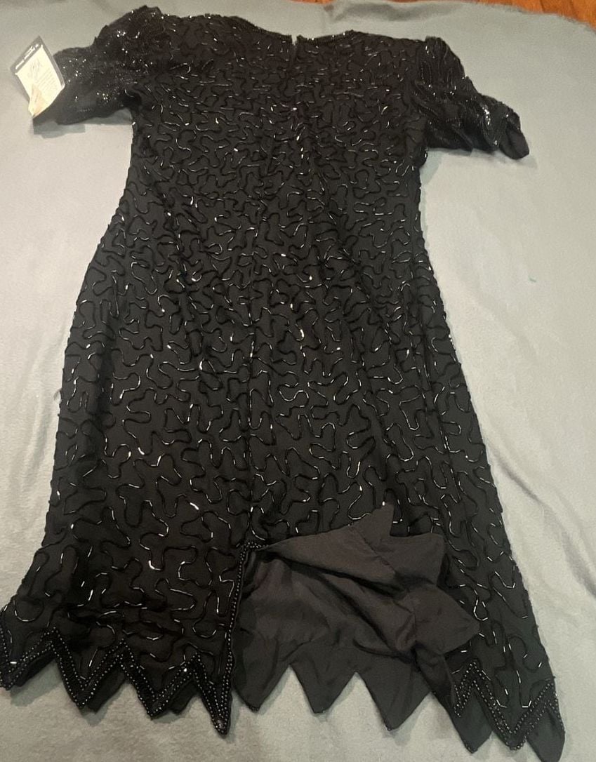 Laurence Kazar Beaded Cocktail Dress Size M Black Silk 9