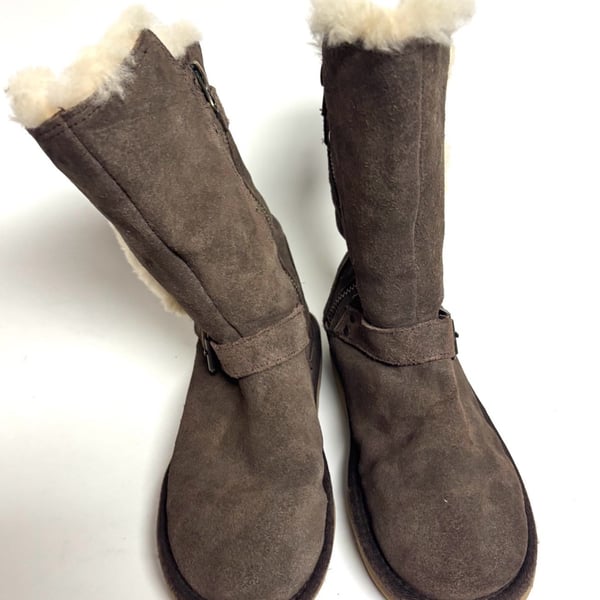 UGG Kids Boots Size 2 Brown Suede Double Buckle Cream Lined Side Zip