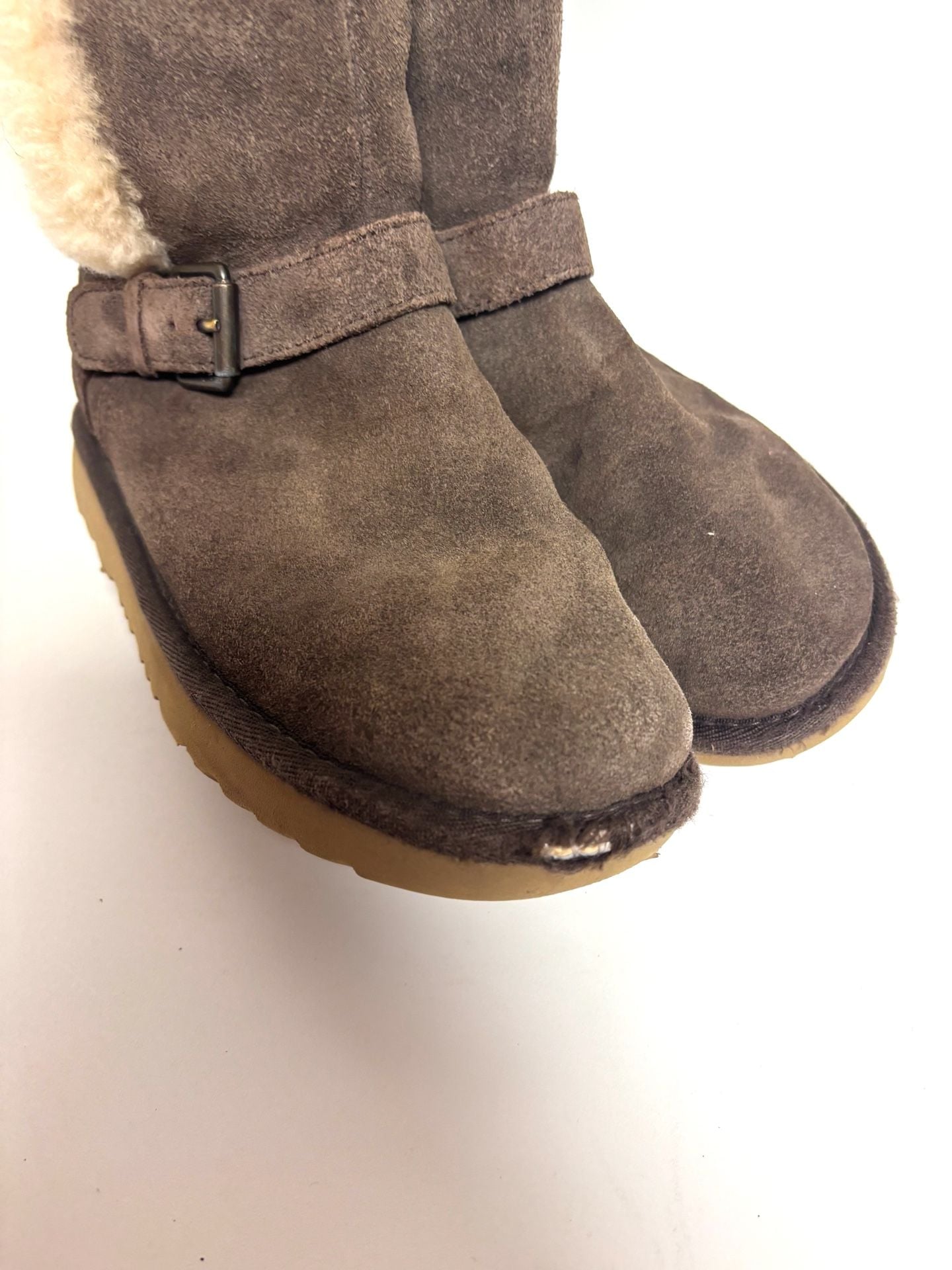 UGG Kids Boots Size 2 Brown Suede Double Buckle Cream Lined Side Zip 7