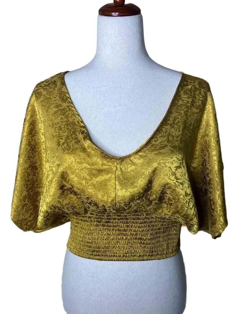 Wild Moss Crop Top Size XL Gold Floral Jacquard Short Sleeve V-Neck 2