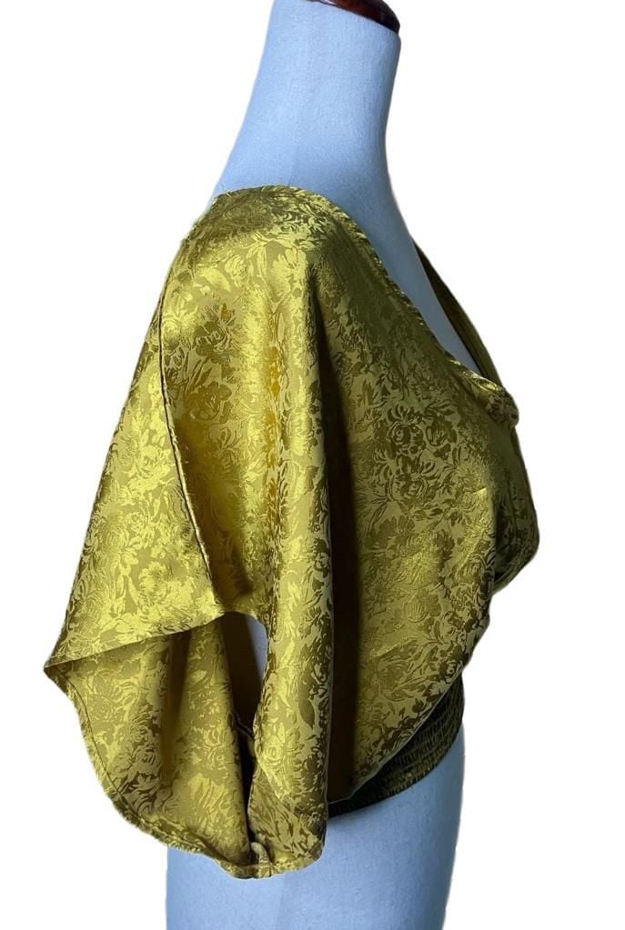 Wild Moss Crop Top Size XL Gold Floral Jacquard Short Sleeve V-Neck 3
