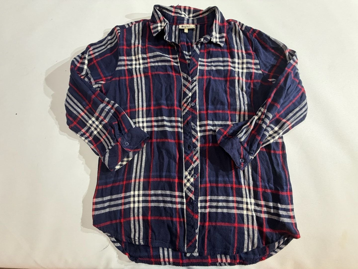 Hester & Orchard Navy Blue Plaid Flannel Shirt Large L 2